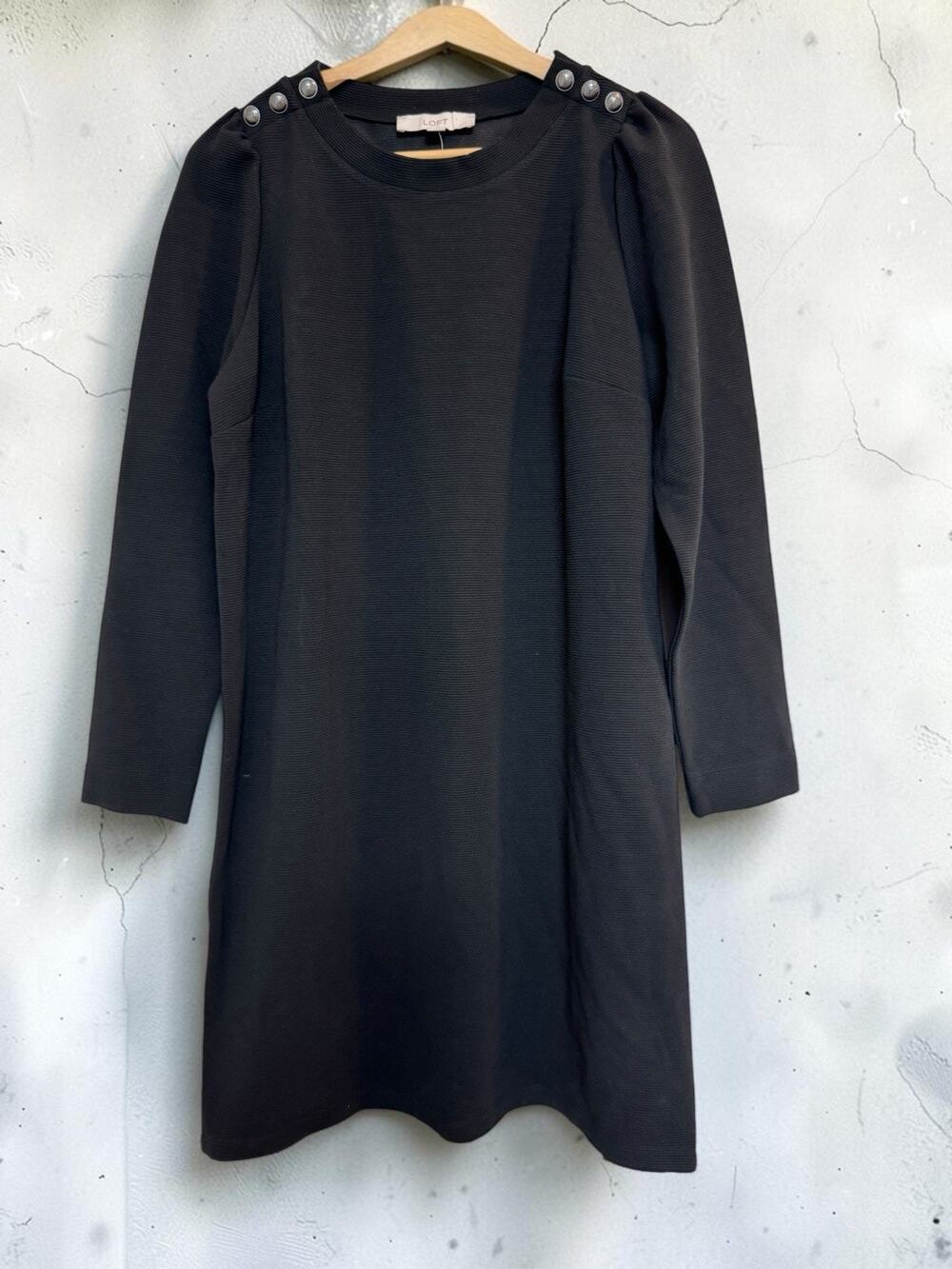 NWT LOFT Women's Black Shift Dress Size L Long Sleeve Button-Shoulder Classic